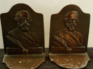 Vintage Henry Wadsworth Longfellow Brass Cast Bookends