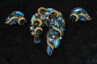 Vintage Costume Jewellery Blue Brooch & Earring Set Signed Sphinx