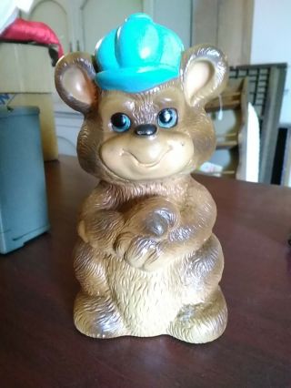 Vintage Plastic Piggy Bank - Teddy Bear In Ball Cap 10 X 6 "