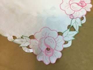 Vintage Table Runner Or Dresser Scarf,  Embroidered Flowers & Leaves,  Cut Work 2