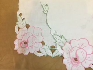 Vintage Table Runner Or Dresser Scarf,  Embroidered Flowers & Leaves,  Cut Work 3