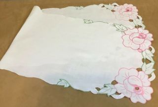 Vintage Table Runner Or Dresser Scarf,  Embroidered Flowers & Leaves,  Cut Work 5