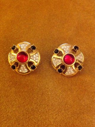 Vintage Estate Gold Tone Red Cabochon Rhinestone Statement Clip Earrings