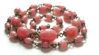 Czech Vintage Art Deco Long Wired Satin Pink Glass Bead Necklace Hidden Clasp