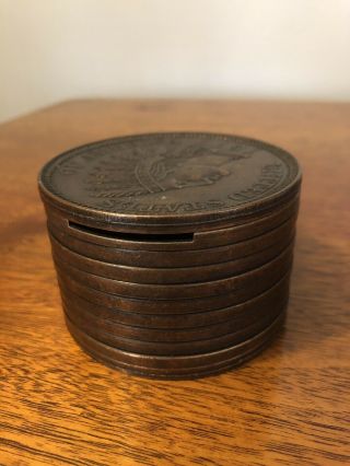VINTAGE METAL 1877 INDIAN HEAD PENNY COIN BANK STACK OF PENNIES 1975 RARE 2