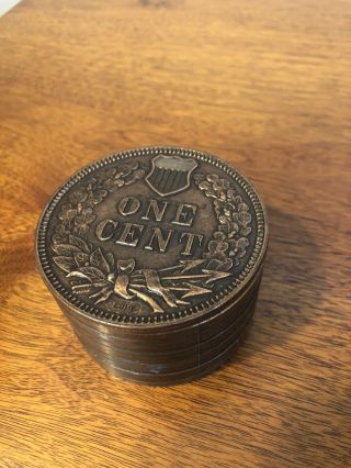 VINTAGE METAL 1877 INDIAN HEAD PENNY COIN BANK STACK OF PENNIES 1975 RARE 4