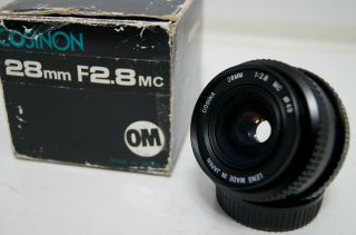 Olympus Om Mount Cosina Cosinon 1:2.  8 28mm Mc Wide Angle Camera Lens Vintage Slr