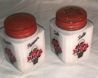 Vintage Tipp City Milk Glass Salt & Pepper Shakers w/ 4 Sided Red Flower Baskets 2