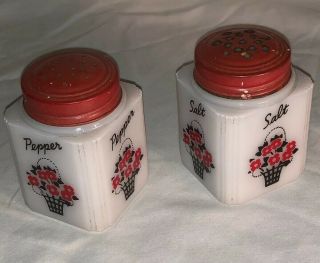 Vintage Tipp City Milk Glass Salt & Pepper Shakers w/ 4 Sided Red Flower Baskets 3
