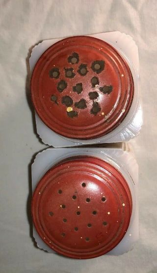Vintage Tipp City Milk Glass Salt & Pepper Shakers w/ 4 Sided Red Flower Baskets 5