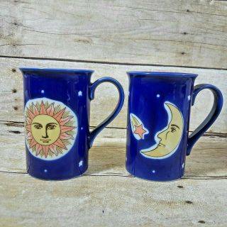 Pier 1 Cobalt Blue Celestial Sun Moon Stars Coffee Cups Mugs Set Of 2 1990s Vtg