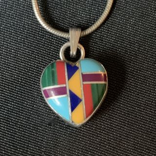 Vintage Native American Sterling Silver Multi Stone Inlay Heart Pendant Necklace
