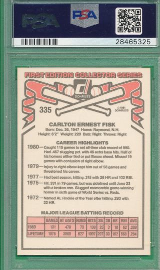 CARLTON FISK HOF VINTAGE RED SOX CARD 1981 DONRUSS 335 GRADED PSA 6 EX - MT OBC 3