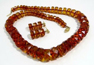 Vintage Amber Faceted Bead Necklace With Matching Earrings 14k Stunning