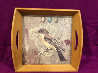 Wood Serving Tray With Handles Bird Picture Square Vintage