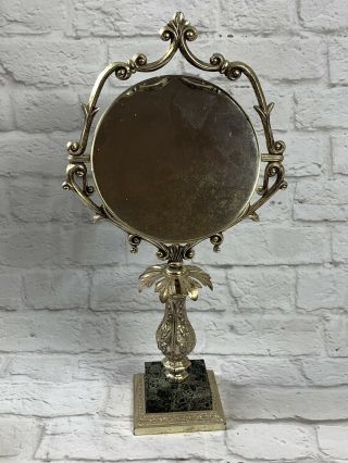 Vtg 18 " Brass Table Top Vanity Magnifying 2 Sided Make - Up Mirror W/ Marble Base