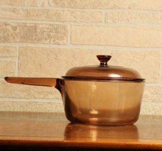Vintage Corning Vision Ware Amber 1.  5 Liter Saucepan With Lid Made In America