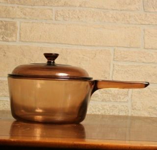 Vintage Corning vision ware amber 1.  5 liter saucepan with lid made in America 3