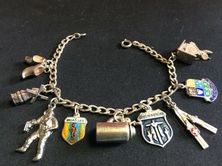 Vtg Charm Bracelet With 9 Charms (some.  925 Silver) Coo - Coo Clock Dutch Shoes