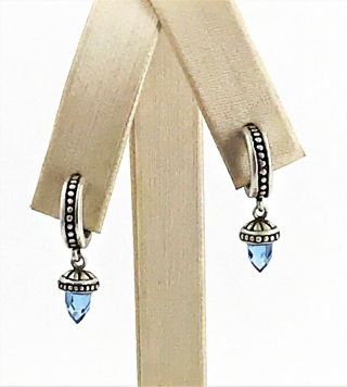 Vintage.  925 Sterling Silver Decorative Petite Hoop & Dangling Topaz Earrings