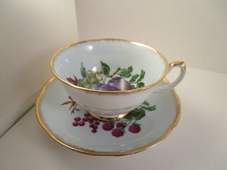 Vintage Royal Grafton Bone China England Fruit Plum Grapes Tea Cup & Saucer