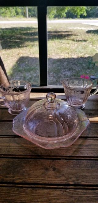 Vintage Pink Depression Glass Sugar And Creamer Set With Bowl And Lid
