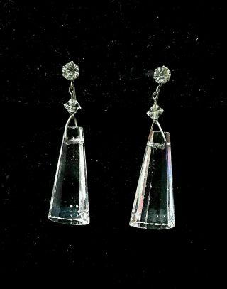 Vintage Art Deco Czech Brass Glass Crystal Rhinestone Dangle Earrings Screw Back