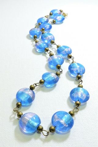 Vintage Blue Lavender Foiled Lampwork Art Glass Bead Necklace Au19172