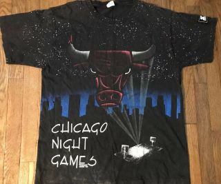 Vtg 90s Chicago Bulls Night Games Starter T Shirt Sz Lg 2 Sided All Over Print
