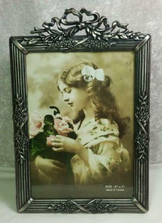 Pewter Frame Photo Size 5 " X7 " Tabletop Vintage Victorian Style Floral Ribbons