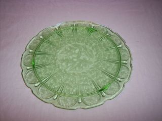 Vintage Jeannette Green Depression Cherry Blossom Footed Cake Plate