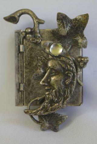 Vintage Wild Man Of The Woods Silver Book W/ Pages Pillbox Pin Brooch