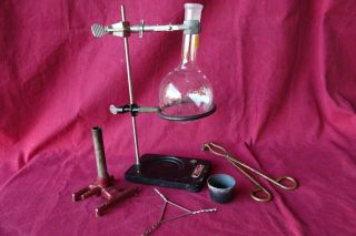 Laboratory Set Retort Stand W/ Clamp Ring Pyrex Flask Bunsen Burner Etc Vintage