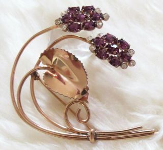 Vintage Coro Gold Vermeil Sterling Purple Rhinestone Flower Pin Brooch