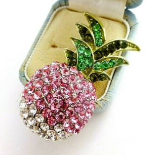 Pineapple Fruit Brooch Pink Green Crystal Rhinestone Vintage Style Quality Pin