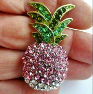 Pineapple Fruit brooch pink green crystal rhinestone Vintage style quality pin 2