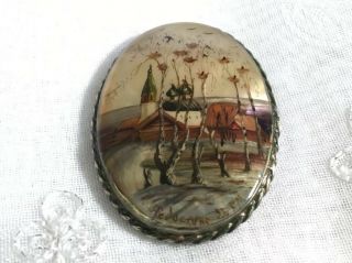 Vintage Mother Pearl Hand Painted Russian Fedoskino Oval Brooch Pin