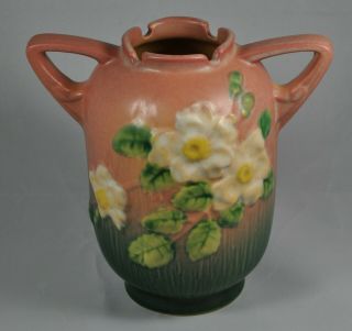 Vintage Roseville Pottery White Rose Pink 2 - Handled Vase