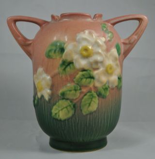 Vintage Roseville Pottery WHITE ROSE PINK 2 - Handled Vase 2