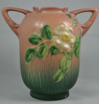 Vintage Roseville Pottery WHITE ROSE PINK 2 - Handled Vase 4