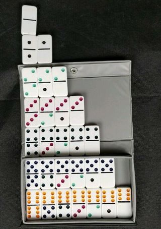 Vintage Set Double Six Dominoes By Cardinal With Grey Vinyl Case