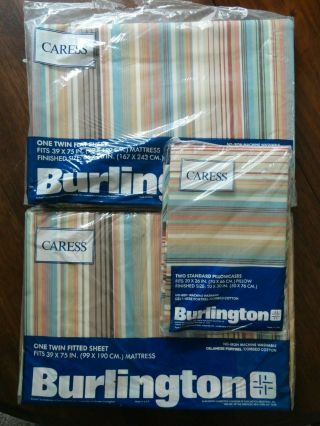 Vintage Burlington Caress Striped Twin Flat & Fitted Sheets Pillowcases Set