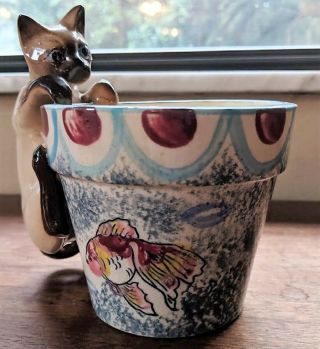 Vintage Ceramic Flower Pot / Planter With Siamese Cat Hanger,  4 " Fish Tank Pot