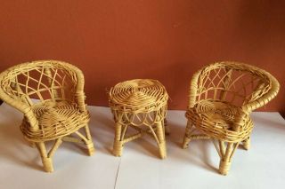 Vintage Doll Furniture Wicker Rattan Chairs And Table Barbie Sized