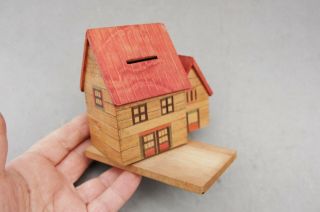 Japan Made Wood House Bank Toy Hand Made Vintage 4 1/2 " X 4 1/2 Twist Open Bottom