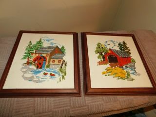 Water Mill And Covered Bridge Crewel Embroidery Picture Set Handmade Vintage