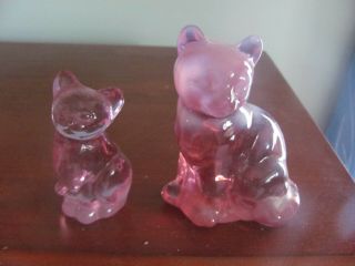 Two Vintage Fenton Pink And White Opalescent Cats -