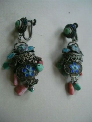 Vintage Chinese Sterling Silver Enamel Turquoise Coral Drop Earrings