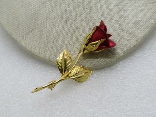 Vintage Long Red Rose Brooch,  3 ",  Signed,  1960 