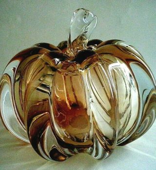 Amber Art Glass Pumpkin Paperweight Handmade In Russia Felina Vintage 5 "
